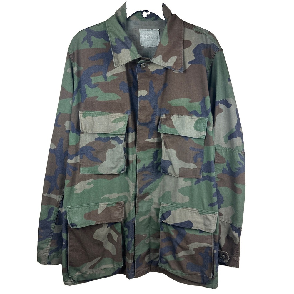 Mens Army Coat Military Woodland Camo Jacket Button Up Fatigue Size Medium
